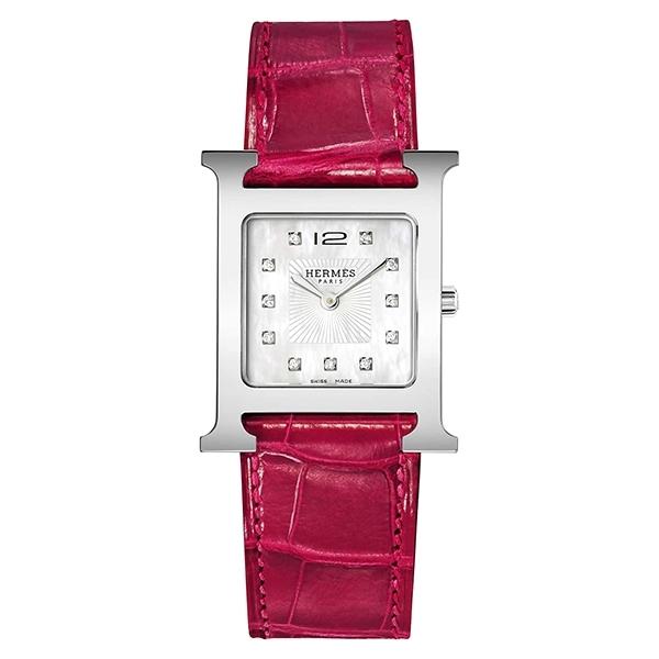 Hermes Hours XS SS Size with Mother Of Pearl Diamond Set Dial & Red Alligator Leather Strap, STAMP B - HH1.110