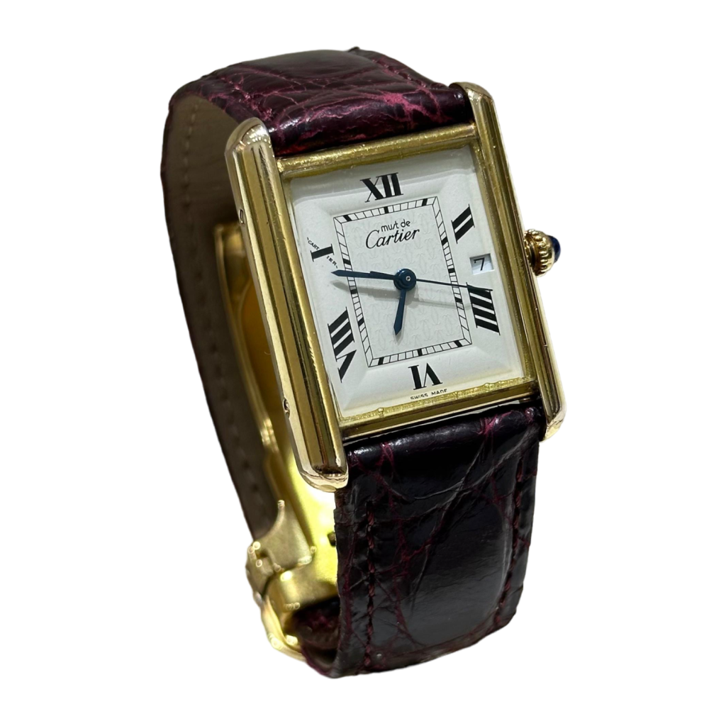The Must de Cartier Tank Argent Large 26mm x 34mm in 18K Gold-Plated with Mineral Glass & Leather Strap - 2413