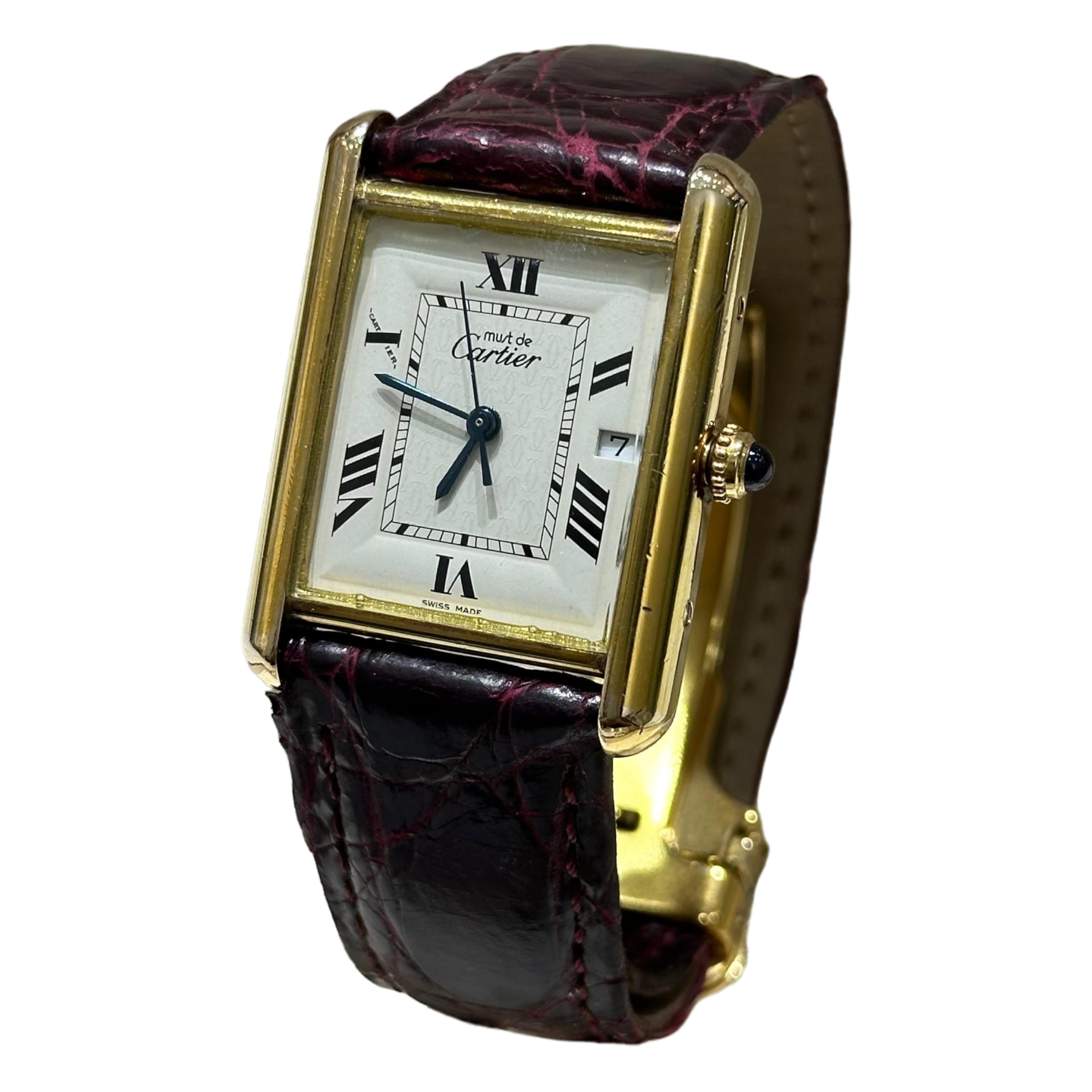 The Must de Cartier Tank Argent Large 26mm x 34mm in 18K Gold-Plated with Mineral Glass & Leather Strap - 2413