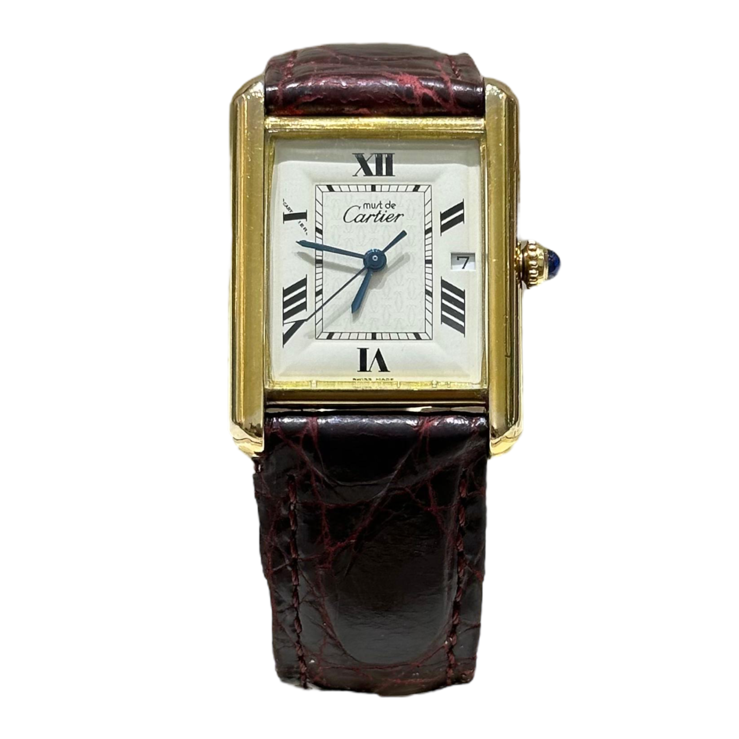 The Must de Cartier Tank Argent Large 26mm x 34mm in 18K Gold-Plated with Mineral Glass & Leather Strap - 2413