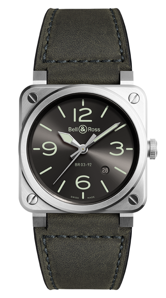 Bell & Ross BR 03-92 42mm Automatic Black Dial with Grey-Green Calfskin Leather & Additional Black Canvas Strap -  BR0392-GC3-ST