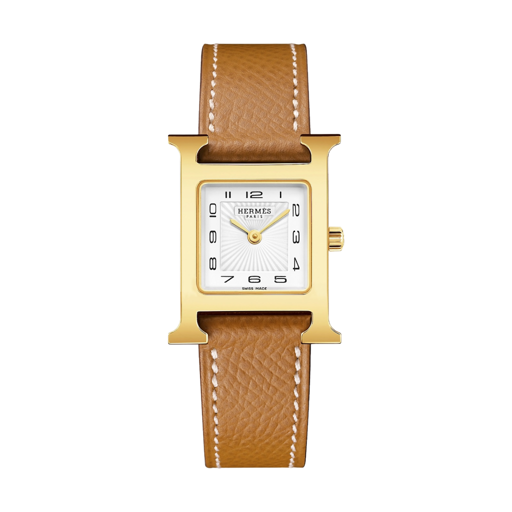 Hermes Hours S Size with White Dial & Gold Chestnut Leather Strap, STAMP U - HH1.210e